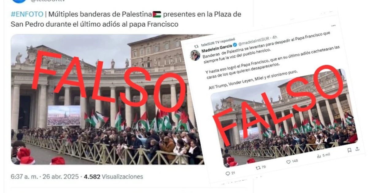 la señal chavista TeleSUR publicó una vieja foto con banderas de Palestina en el Vaticano diciendo que eran del funeral del papa Francisco